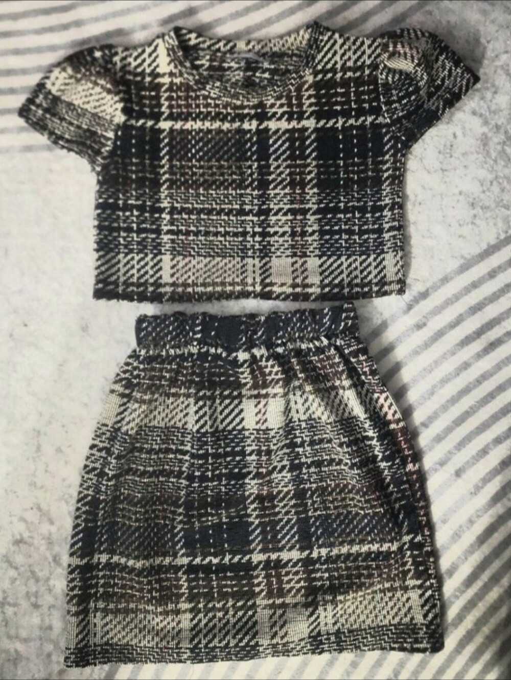 Zara Plaid Short Sleeve Knit Dress - Black, Cream, Navy, Brown/ 100045
